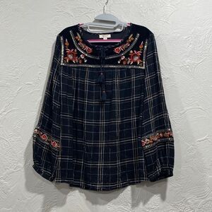 STYLE & CO holiday muse fanatic plaid floral embroidered boho top size Medium